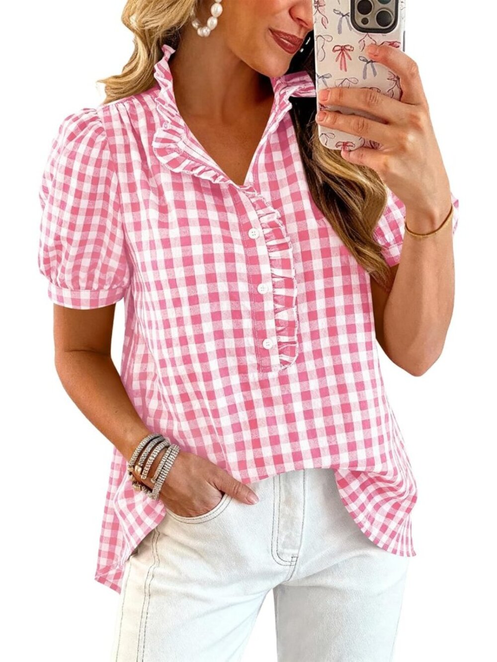 Boho Puff Sleeve Striped Plaid Top for Women - Trendy Casual Shirt